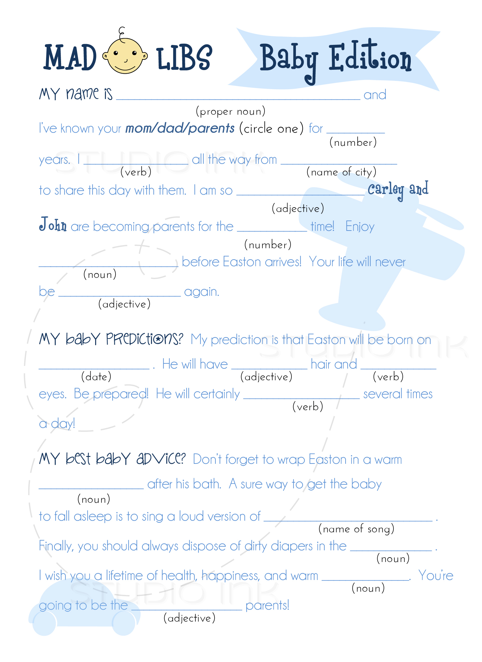 25 Adorable 5x7 PRINTED Baby Boy Shower Mad Libs With Envelopes On 