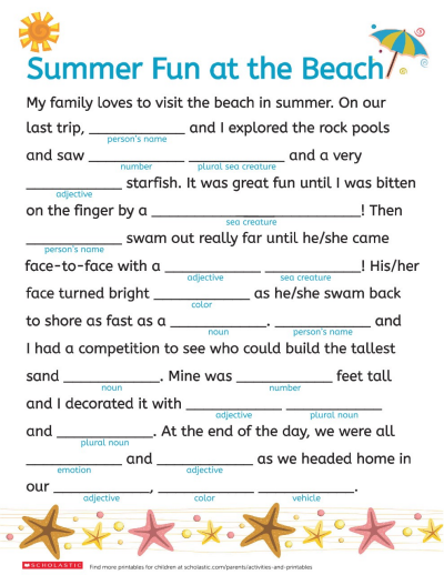 A Beach Day Word Fill In Worksheets Printables Scholastic Parents