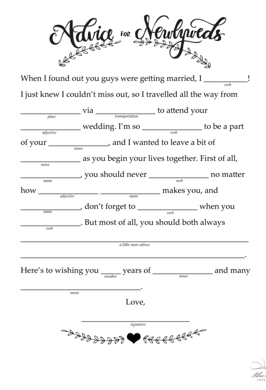 Advice To Newlyweds Free Printable Wedding Mad Libs POPSUGAR Smart