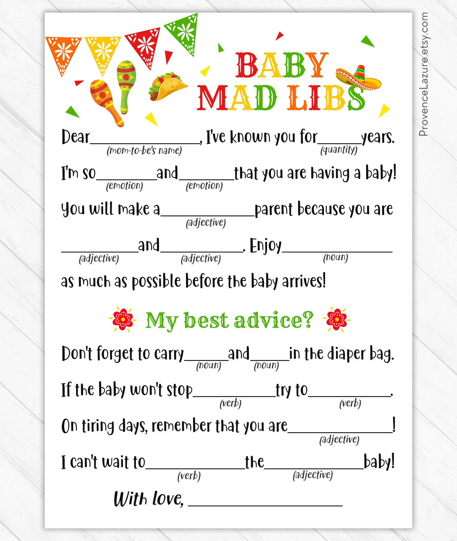 Baby Mad Libs Mommy Advice Card Taco Baby Shower Game Etsy Mommy 