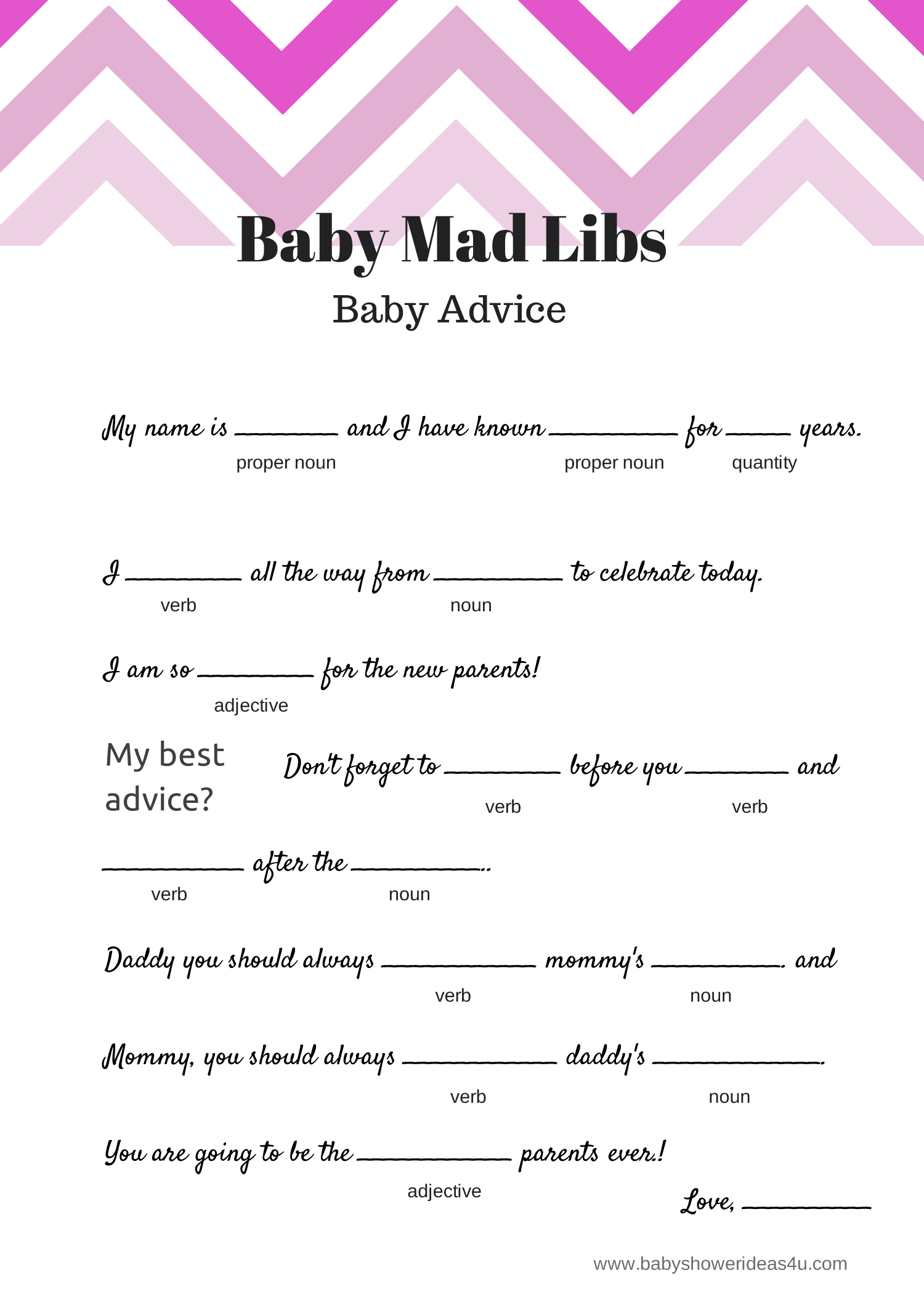 Baby Shower MadLibs Printable Game Fill In The Blanks Mad Libs Chevron 