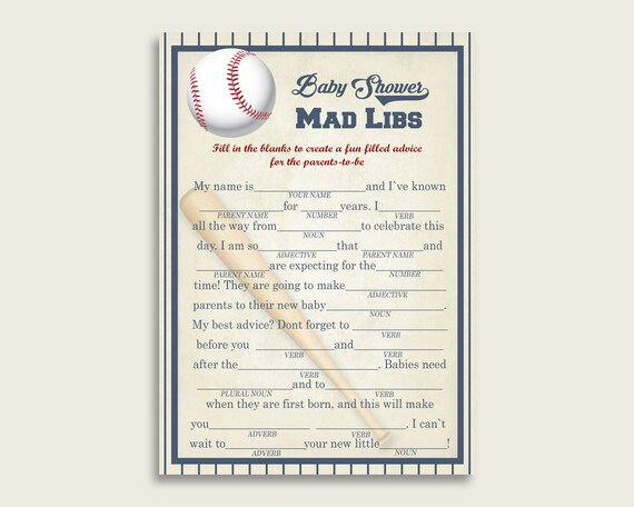 Blue Beige Mad Libs Baby Shower Boy Game Printable Baseball Mad Libs 