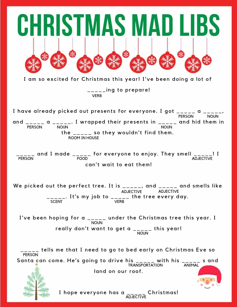 C christmas Mad Libs For Kids Template Printable