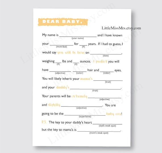 Dear Baby Printable Baby Shower Mad lib Game A Letter To Etsy