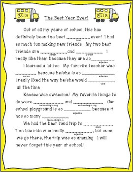 End Of Year Mad Libs By Teaching In Room 25 Teachers Pay Teachers