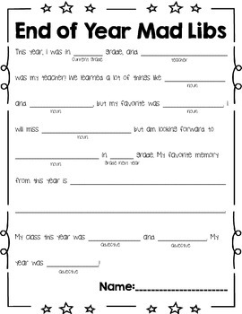 End Of Year Mad Libs Worksheet Activity By Kaci Garbacik TpT