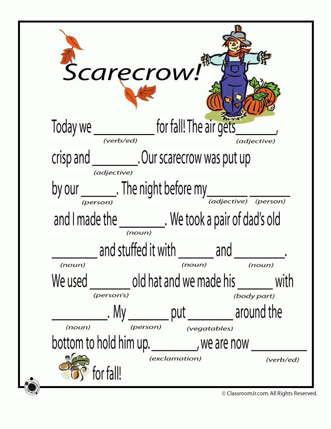 Fall Mad Libs For Kids Fall Mad Libs Scarecrow Classroom Jr Also 