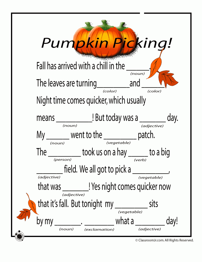 Fall Mad Libs Pumpkins Thanksgiving Mad Lib Pumpkin Classroom