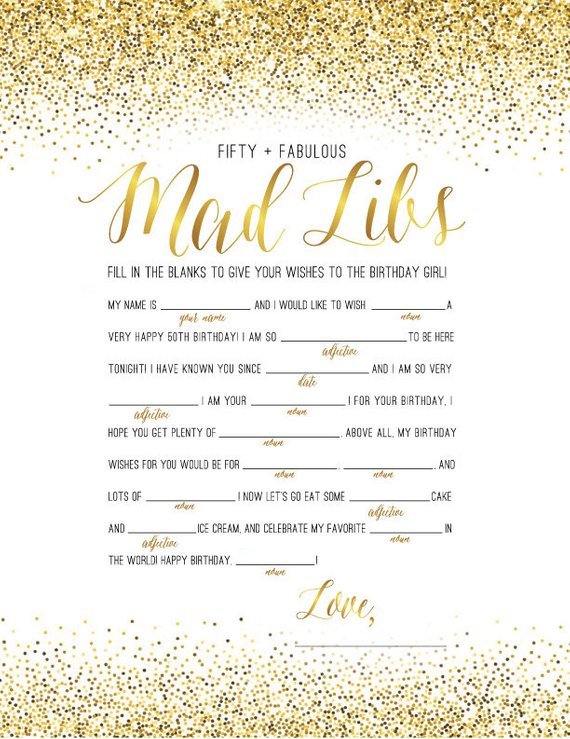 FIFTY FABULOUS Mad Libs 50th Birthday Game Gold Glitter Design 