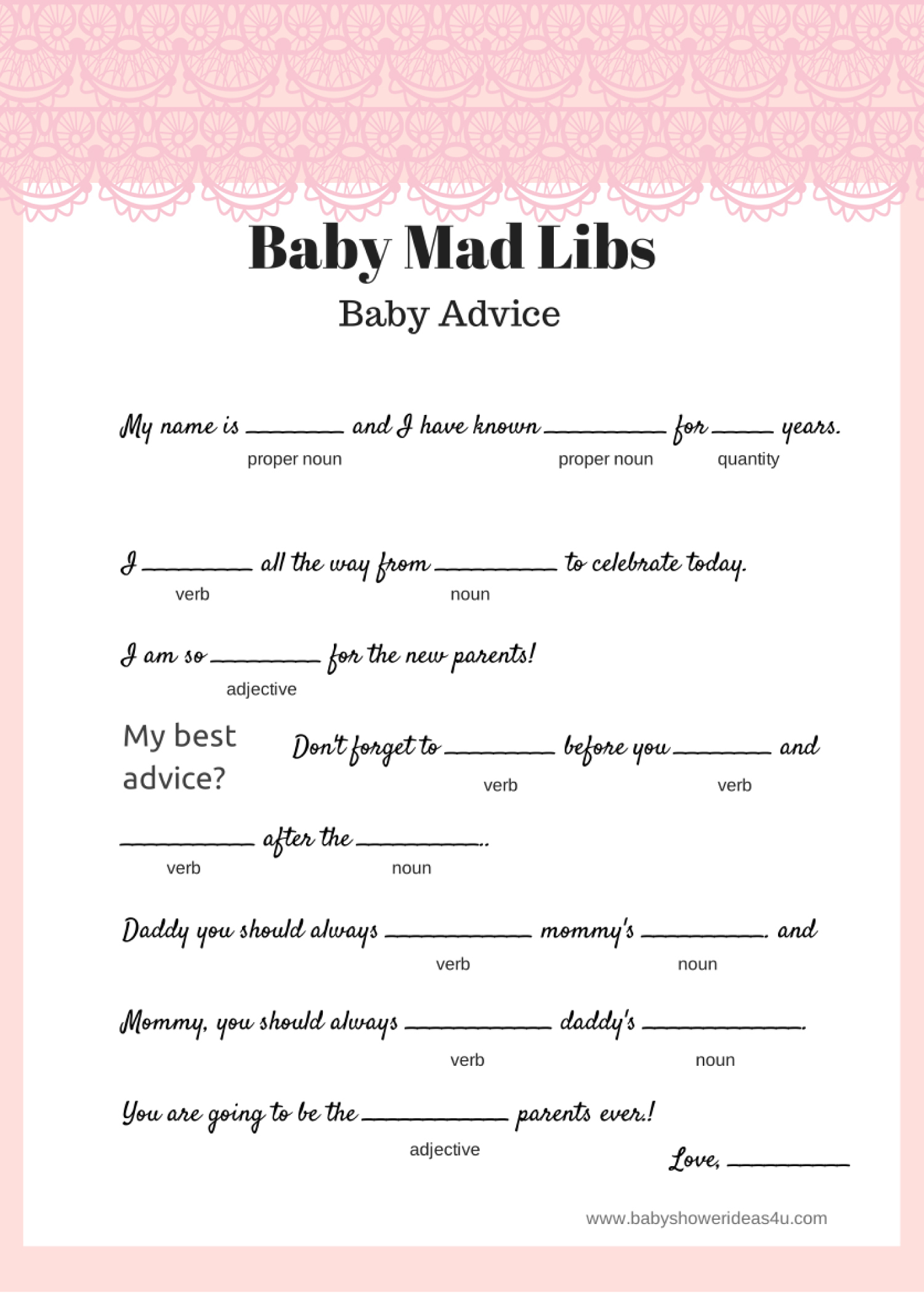 FREE Baby Mad Libs Game Baby Advice Baby Shower Ideas Themes Games