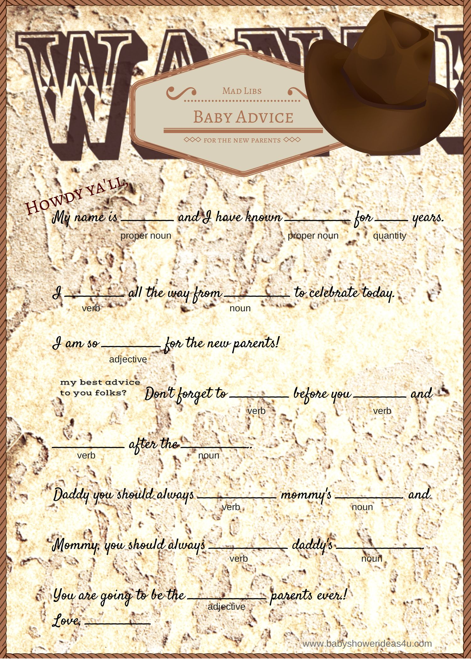 Free baby shower mad libs game cowboy jpg 1500 2100 Baby Shower Mad