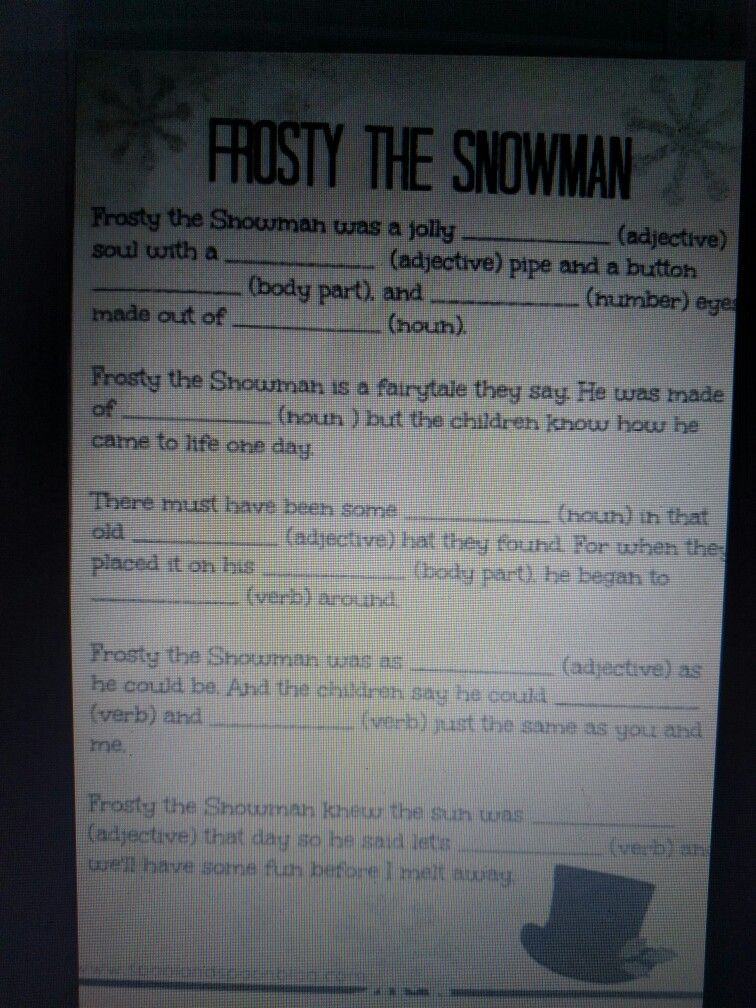 Frosty The Snowman Mad Lib Frosty The Snowmen Frosty Art Class