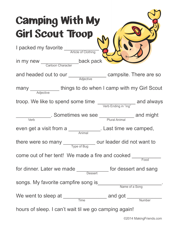 Girl Scout Camping Mad Lib Girl Scout Activities Girl Scouts