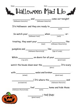 Halloween Mad Libs By Ashleigh Elozory Teachers Pay Teachers