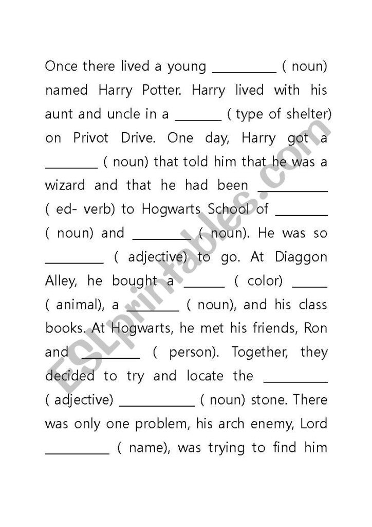 Harry Potter Mad Lib ESL Worksheet By Katyrye