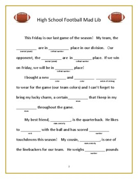 High School Football Mad Lib By My Learning Center TpT