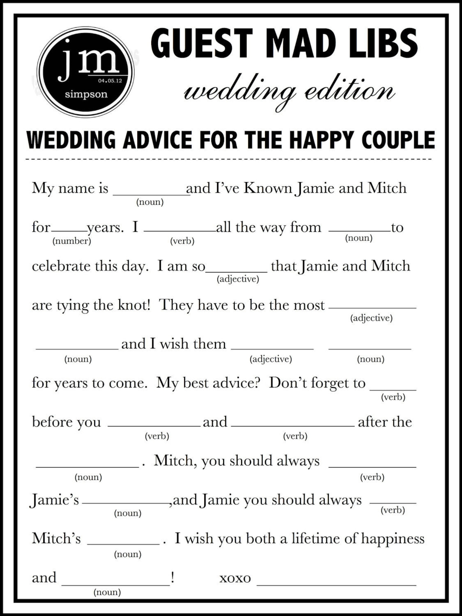 Printable Wedding Mad Lib A Fun Guest Book Alternative Etsy