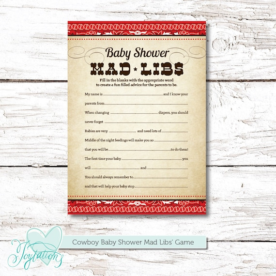 Red Cowboy Mad Libs Baby Shower Game Instant By Joytations On Etsy