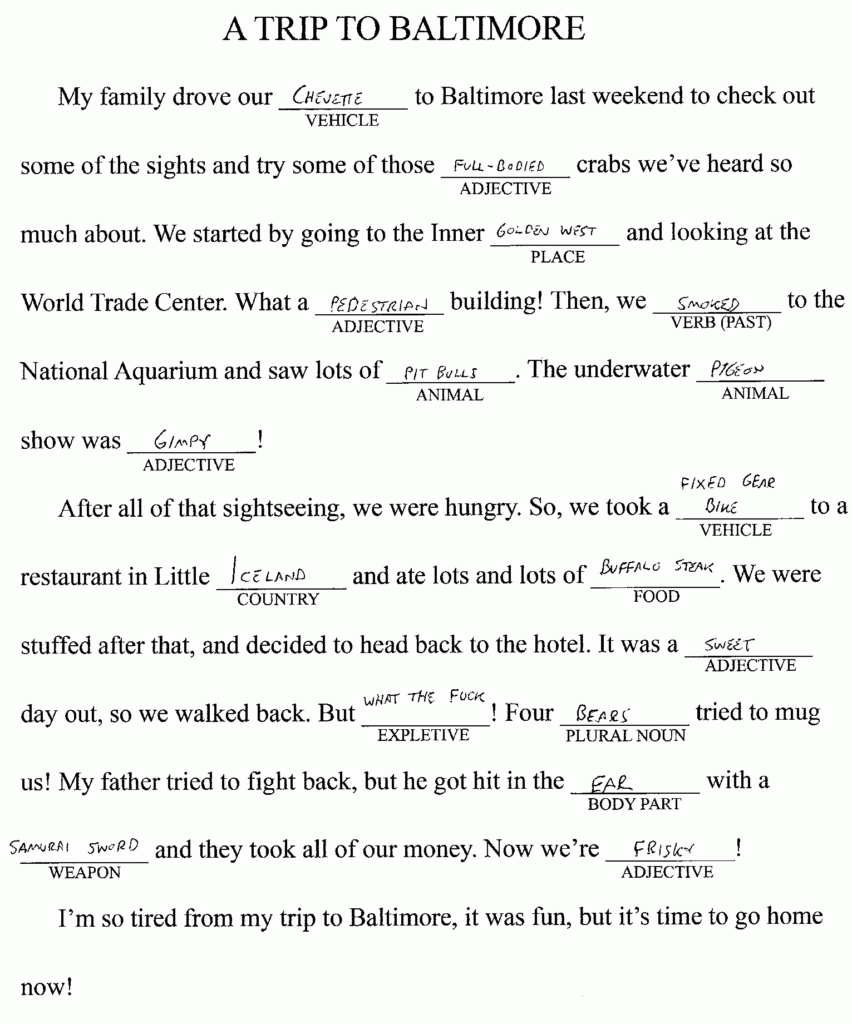 The Entirely Too Long Awaited Baltimore Mad Libs Contest Winners The 