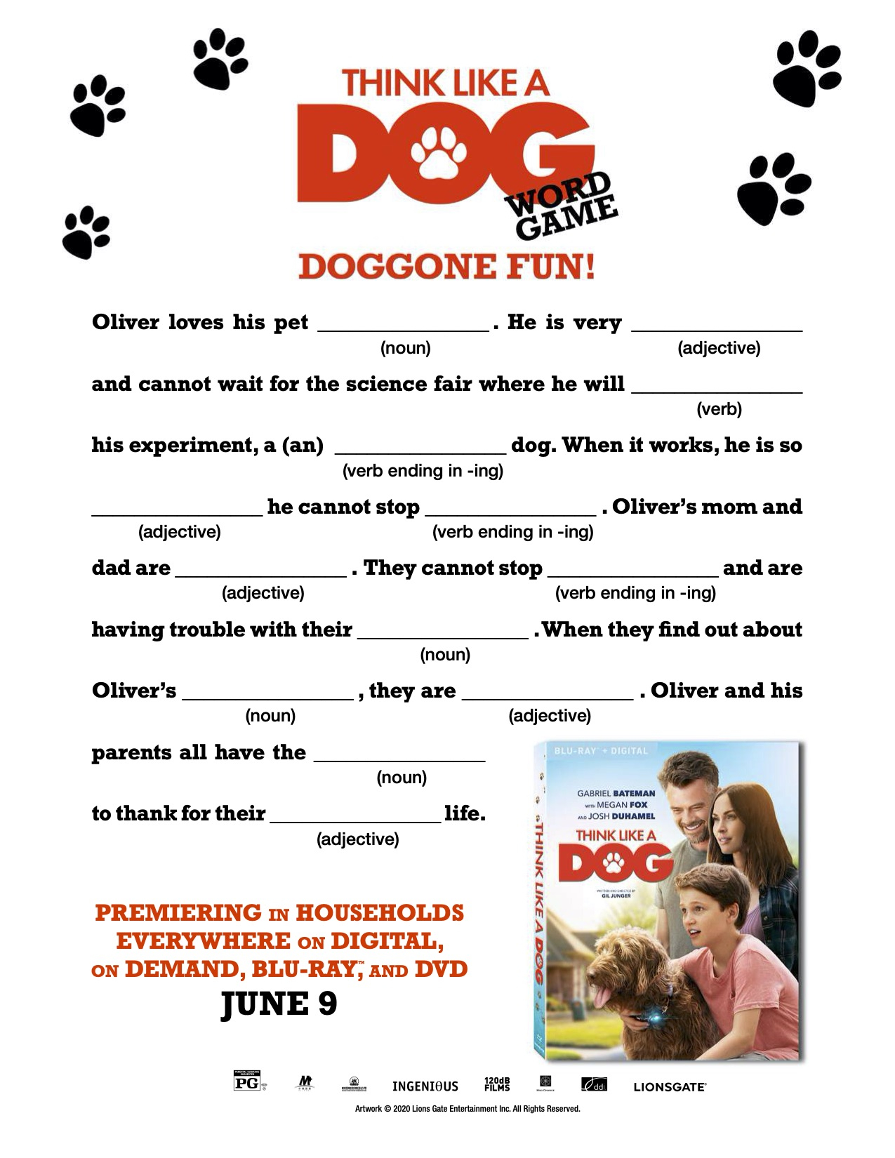 Think Like A Dog Movie Printable Mad Lib Activity Sheet