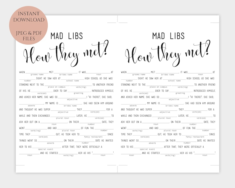 Wedding Mad Libs How They Met Story Printable Etsy UK