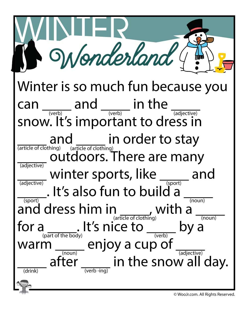 Winter Mad Libs Printable Printable Word Searches