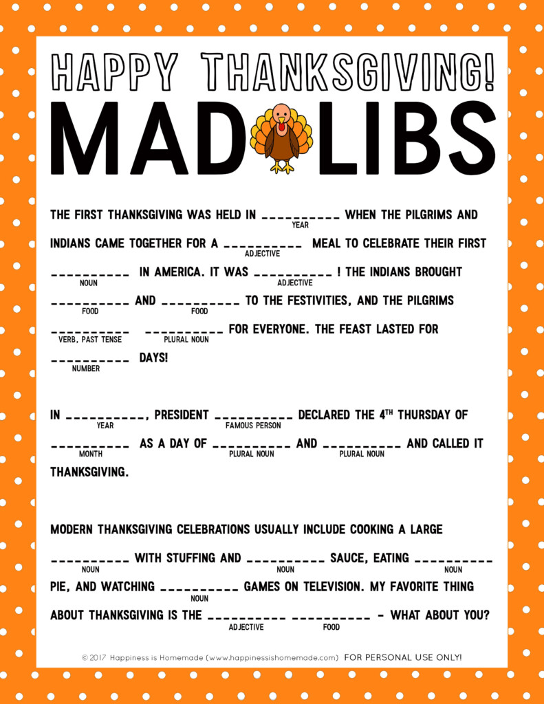 Thanksgiving Dinner Mad Lib Esl Mad Libs For Adults Free 