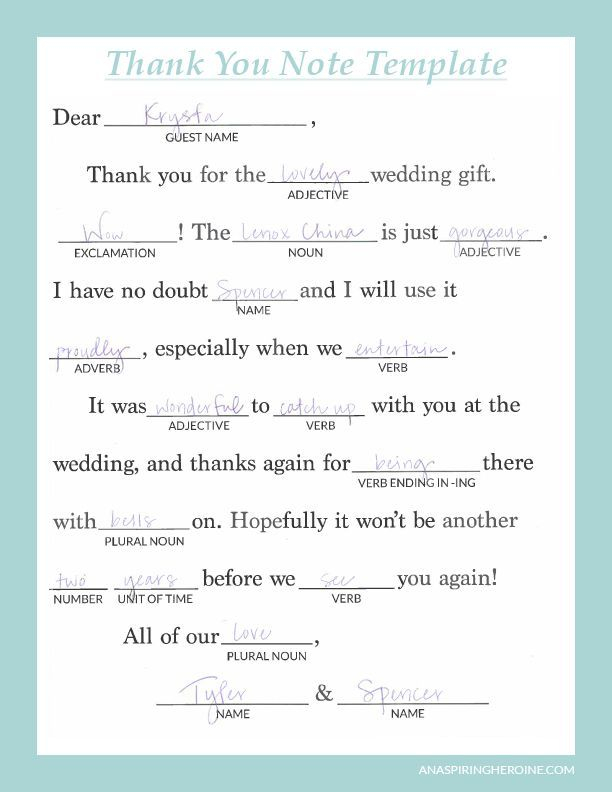 A Fun Mad Lib style Thank You Note Template To Help Any bride Write 