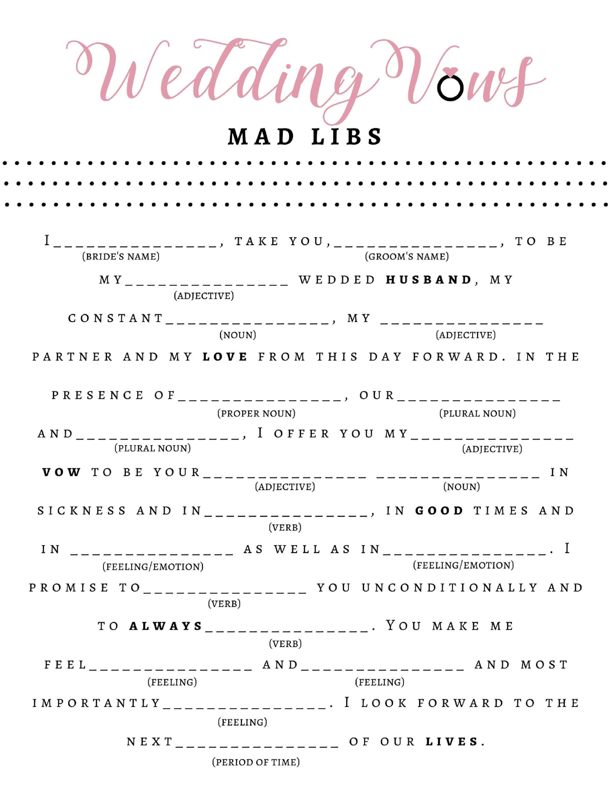 Bridal Shower Game Wedding Vow Mad Libs Fun Bridal Shower Games 