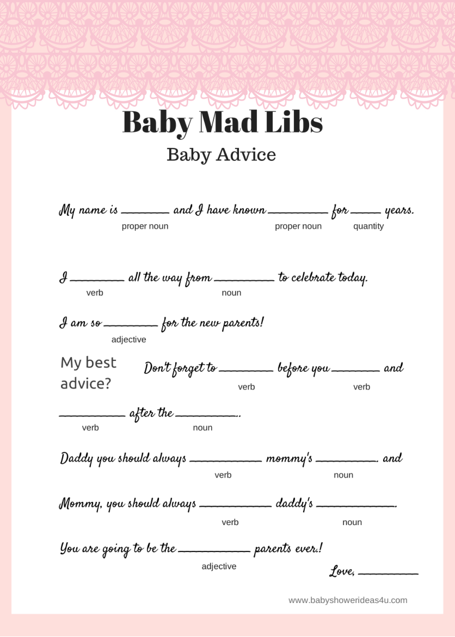 Free printable baby mad libs pink lace Baby Shower Ideas 4U
