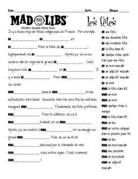 French Interpersonal Speaking Activity Mad Libs About HOLIDAYS TpT