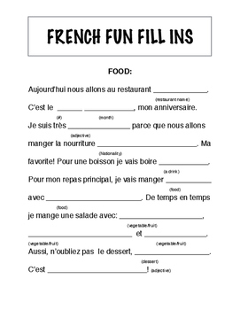 FUN FRENCH FILL INS FOOD quot Mad Libs quot By AWESOME FRENCH LESSON PLANS