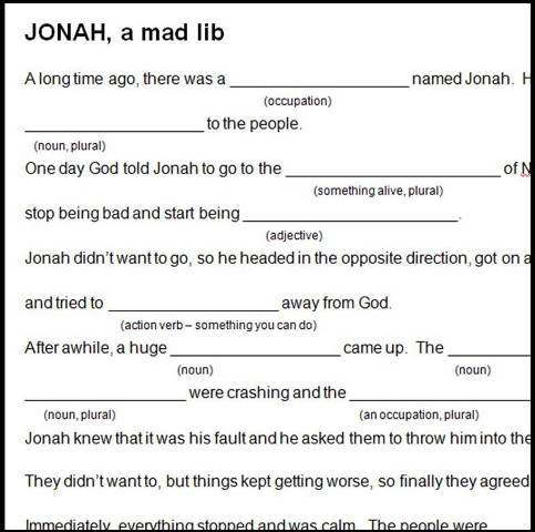 Jonah Mad Lib Bible Crafts By Jenny