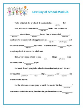 Last Day Of School Mad Lib By My Learning Center TpT