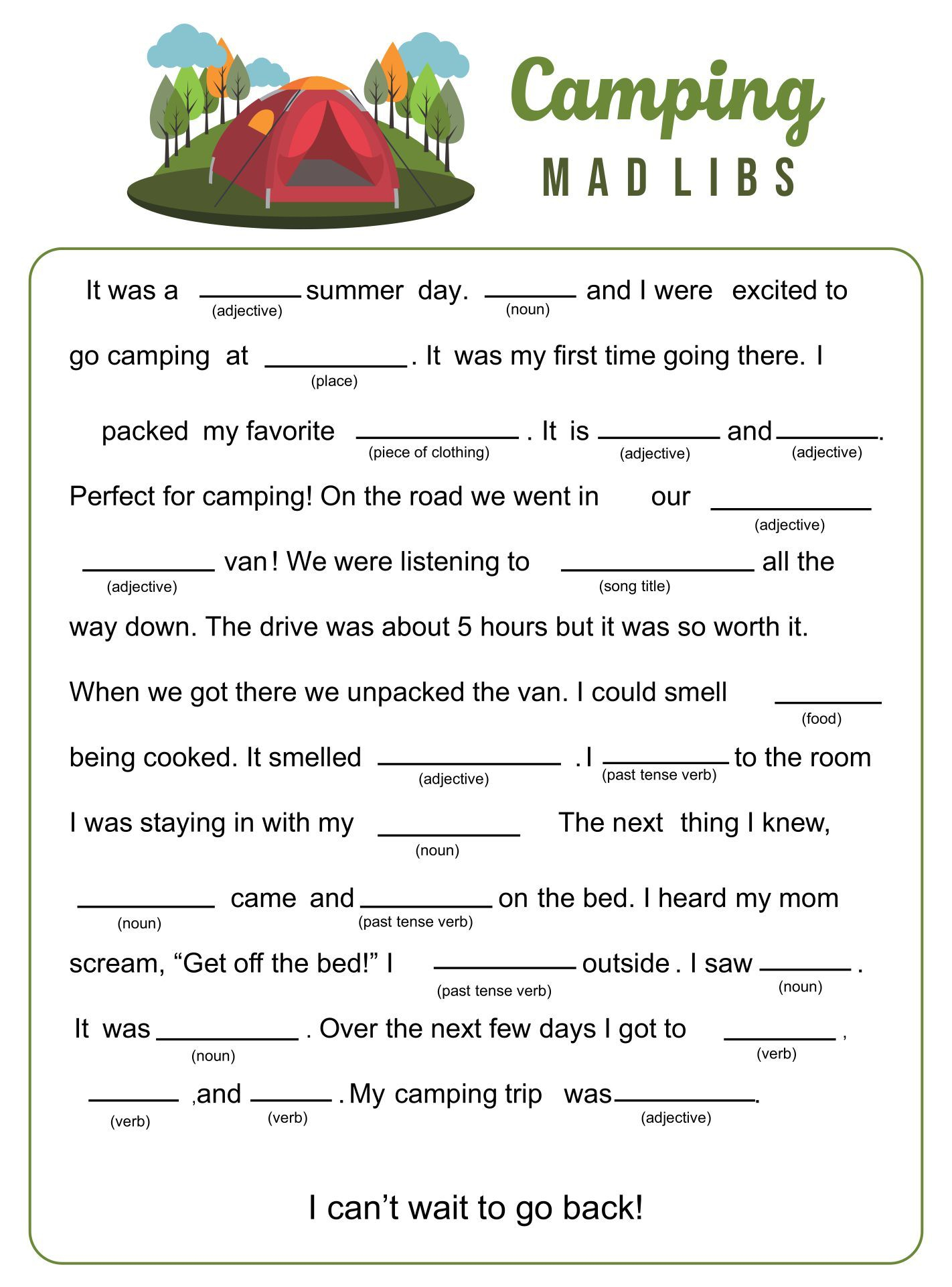 Mad Libs Printable Camp Letters Camping Activities For Kids Camping