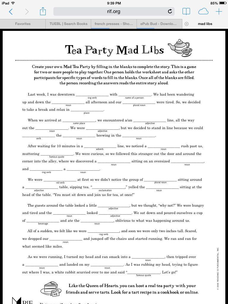 Mad Libs Tea Party Game Afternoon Tea And More Tea Party Games