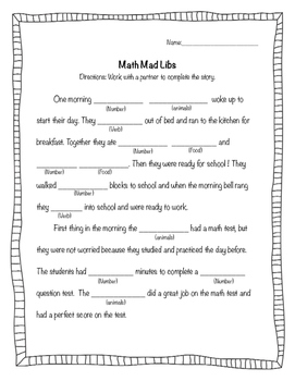 Math Mad Libs By Miss Kolbach 39 s Store Teachers Pay Teachers