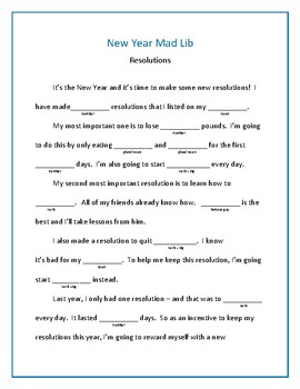 New Year Mad Lib By My Learning Center Teachers Pay Teachers