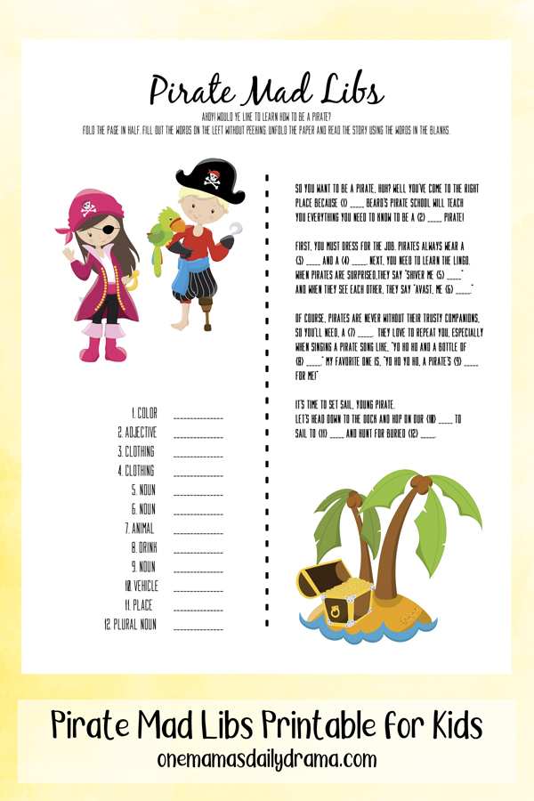 Pirate Mad Libs Printable For Kids Talk Like A Pirate Day Fun