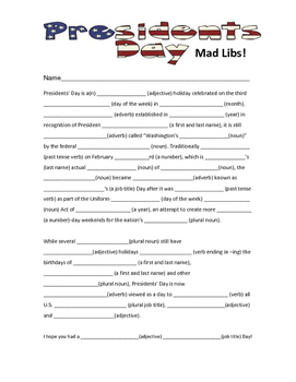 President 39 s Day Mad Libs By Lipkind 39 s Literature Resources TpT