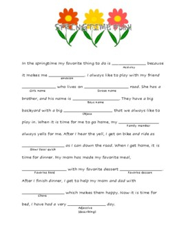 Simple Mad Lib For Spring By Searching For Progress TpT