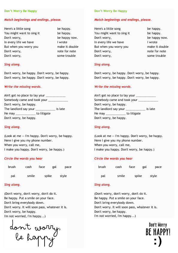 Song Worksheet Don 39 t Worry Be Happy By Bobby McFerrin