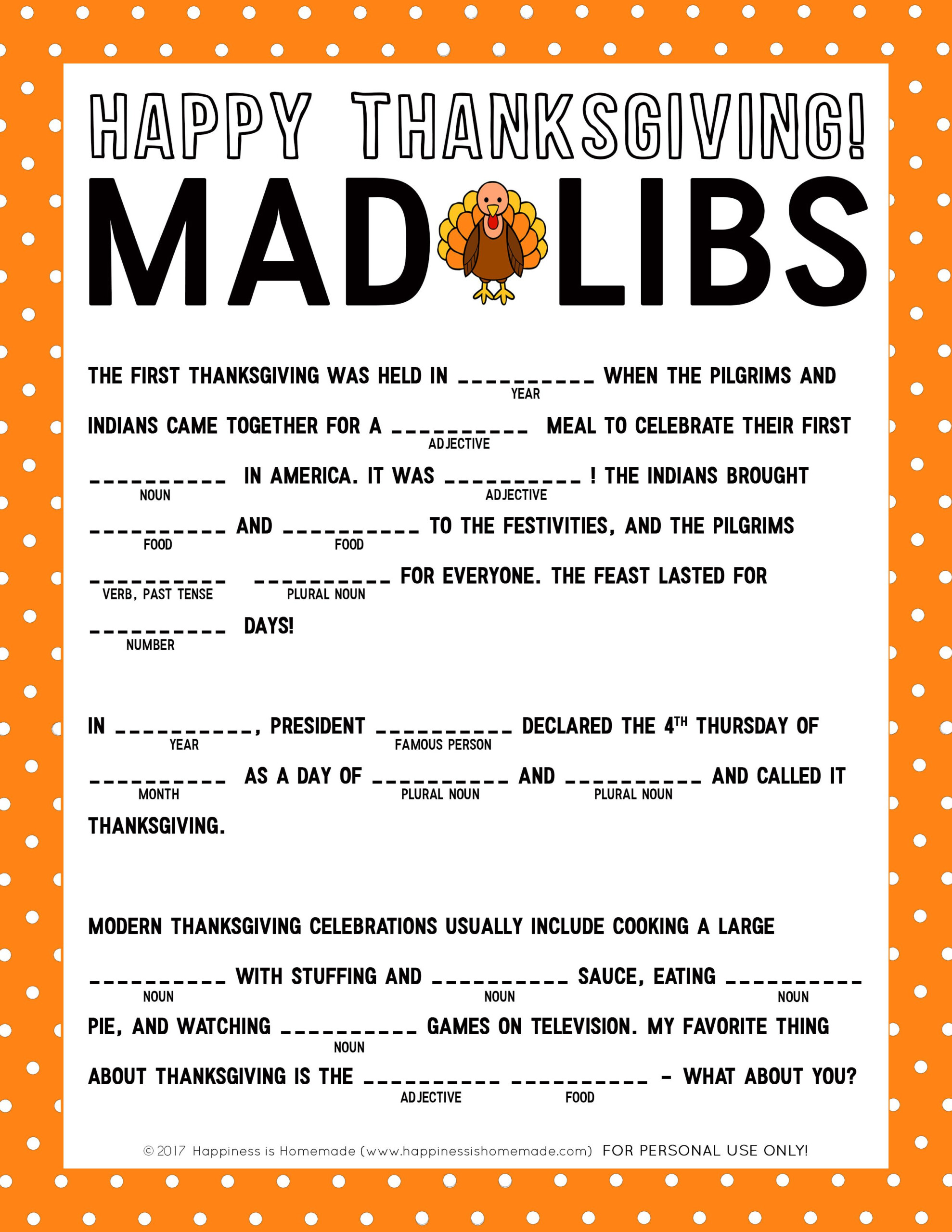 Thanksgiving Mad Libs Printable Thanksgiving Mad Lib Thanksgiving 