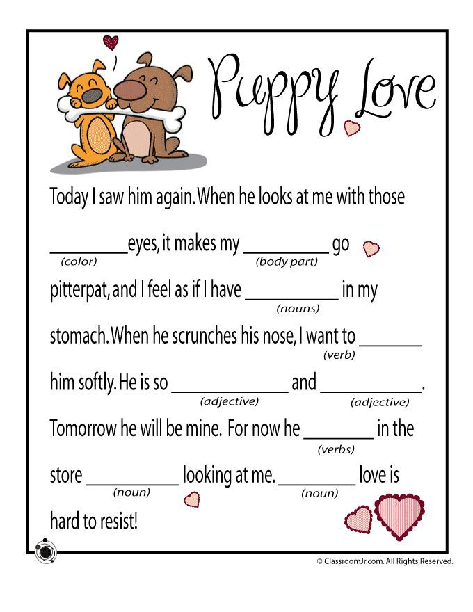 Valentine Mad Libs Valentines Mad Lib Puppy Love Classroom Jr