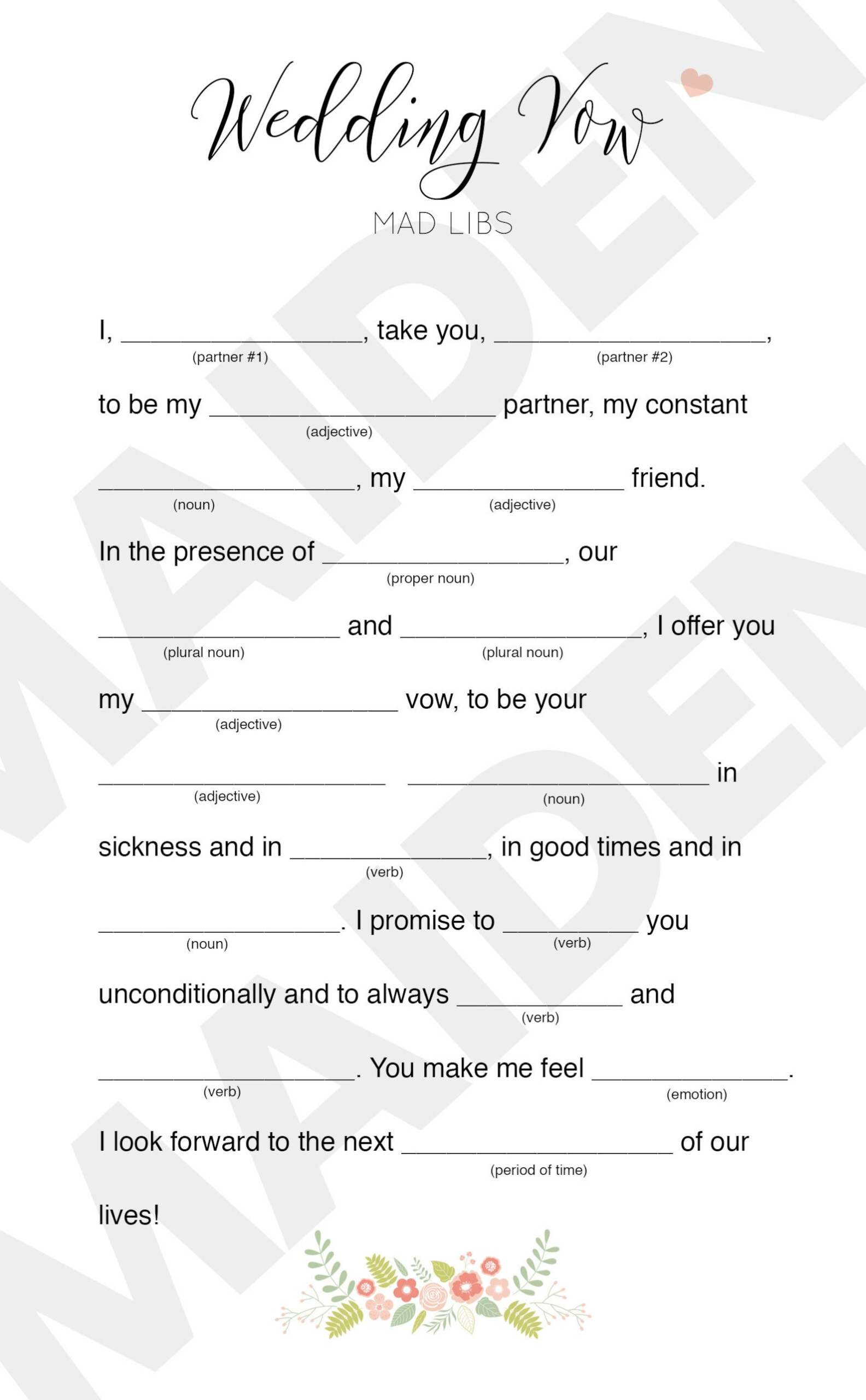 Wedding Vow Mad Libs Printable Digital File For Bridal Shower Etsy